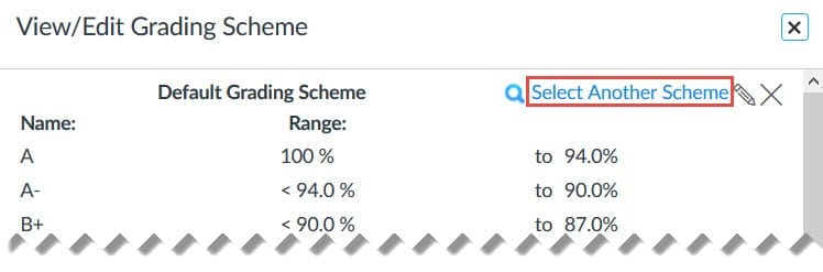 Click on the Select Another Scheme link at the top right to select another grading scheme.