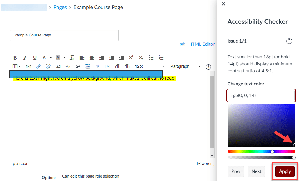 Different text color chosen in color picker
