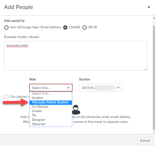 Add People drop-down menu with Manually Added Student indicated