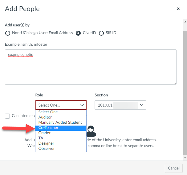 Add People drop-down menu with Co-Teacher indicated
