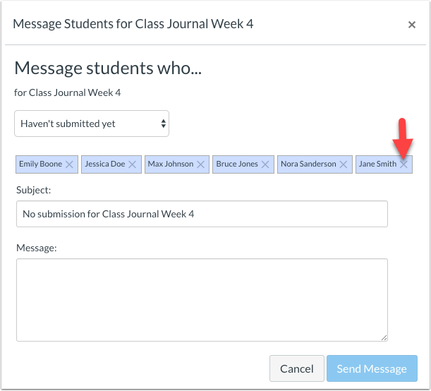"Message Students Who" dialog box with X next to name indicated