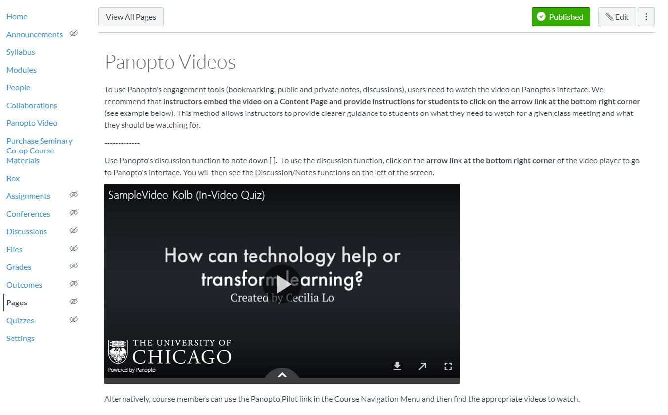 Example of Panopto video as embedded third-party content on a Canvas page.