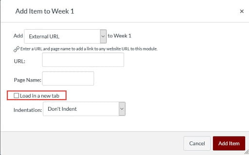 Select the Load in a new tab option when adding External URLs or External Tools to Canvas Modules. 