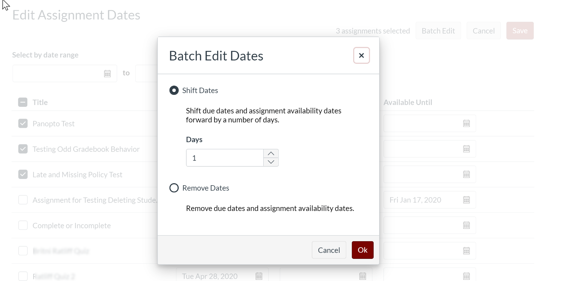 Batche Edit Dates dialog box