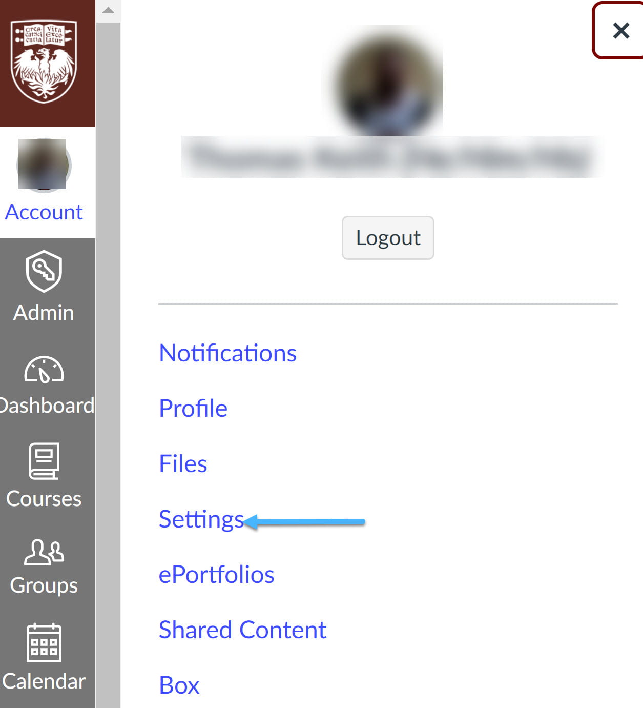Account Menu with Settings Indicated