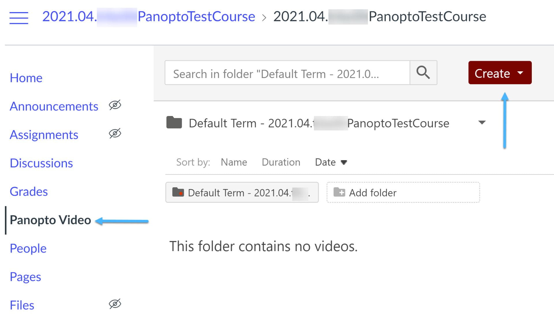 Course Folder with Panopto Video Tab and Create Button Indicated