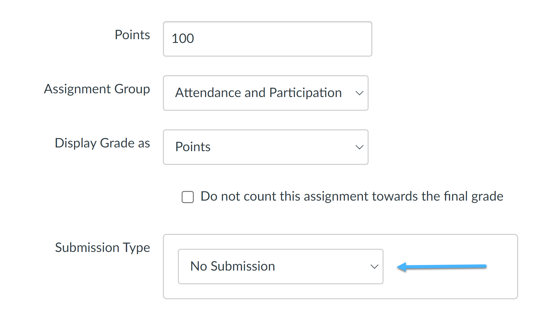 Assignment Type No Submission Indicated in Assignment Options