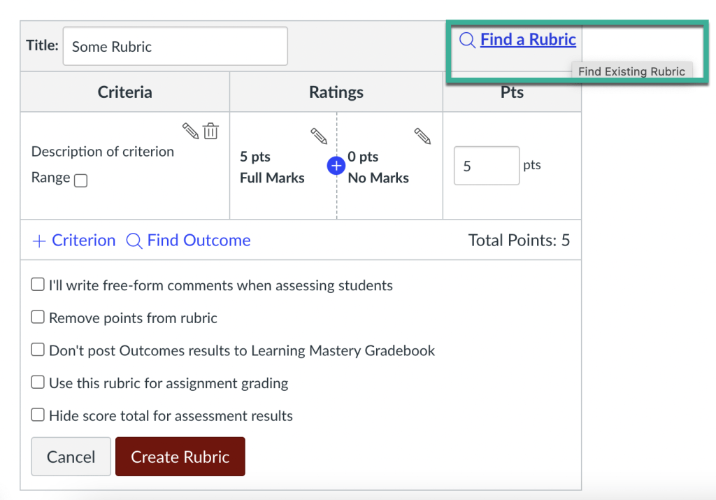 Screenshot of New Rubric Creation in Assignment Page, with "Find a Rubric" button highlighted