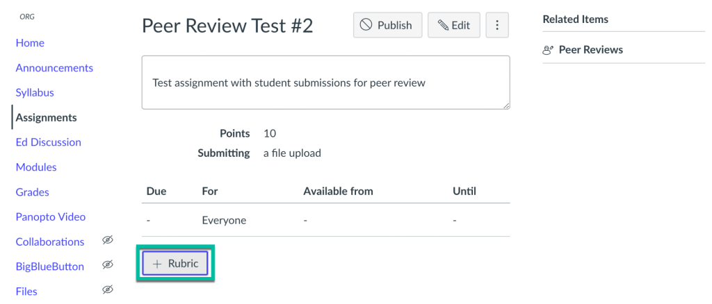 Screenshot of Assignment Page in Canvas, with +Rubric button highlighted