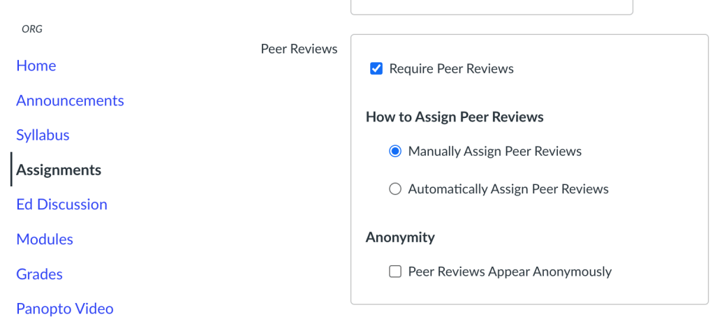 Peer Review Configuration Options in Assignment Editing Page